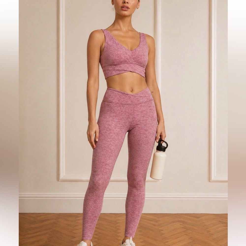 Carbon38 Heathered Rose Seamless V-Neck Sports Bra and High-Waist Set